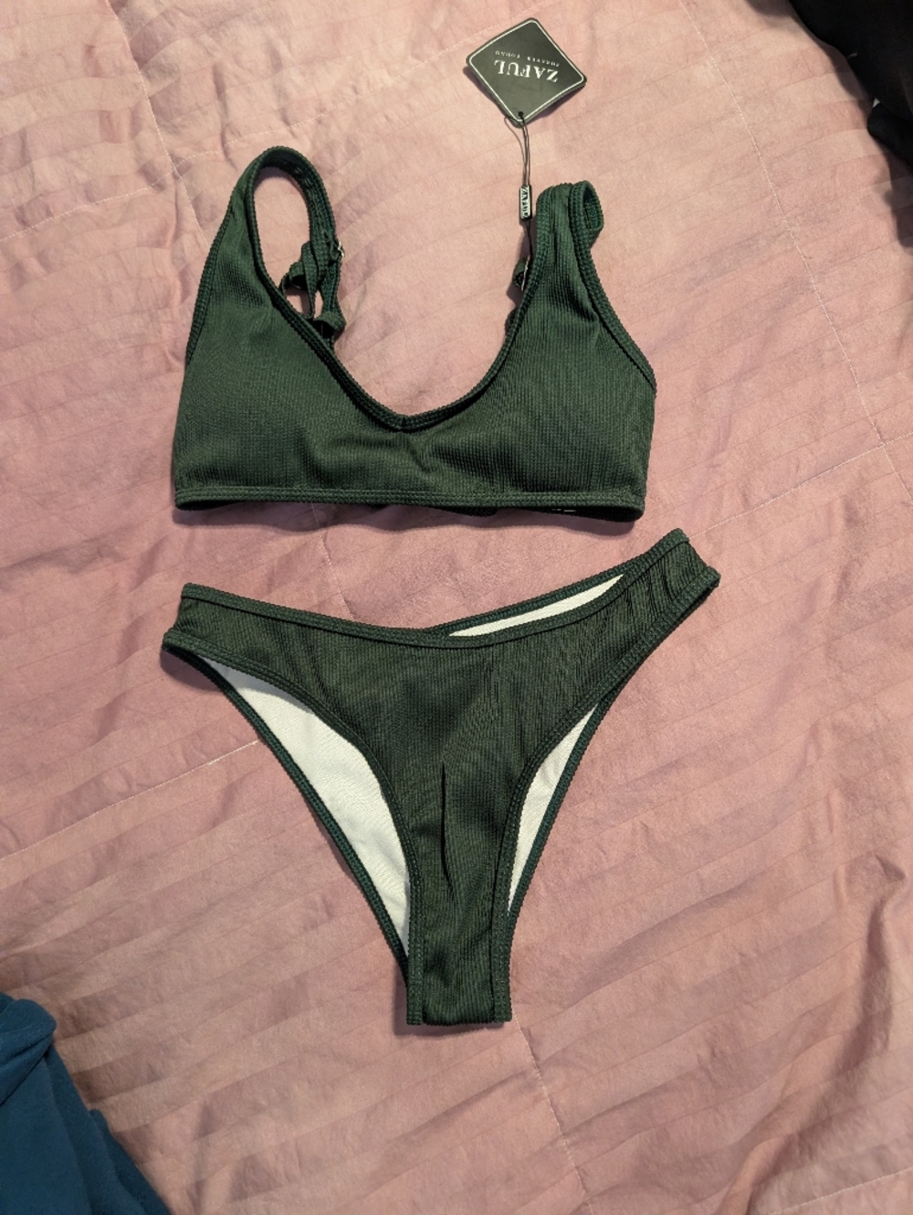 Zaful Dark Green Ribbed Scoop Bikini Set